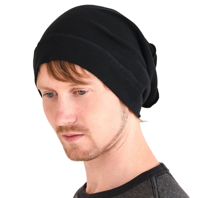CHARM Mens Slouch Beanie Hat - Womens Organic Cotton Hipster Chemo Slouchy Cap Black - Image 1